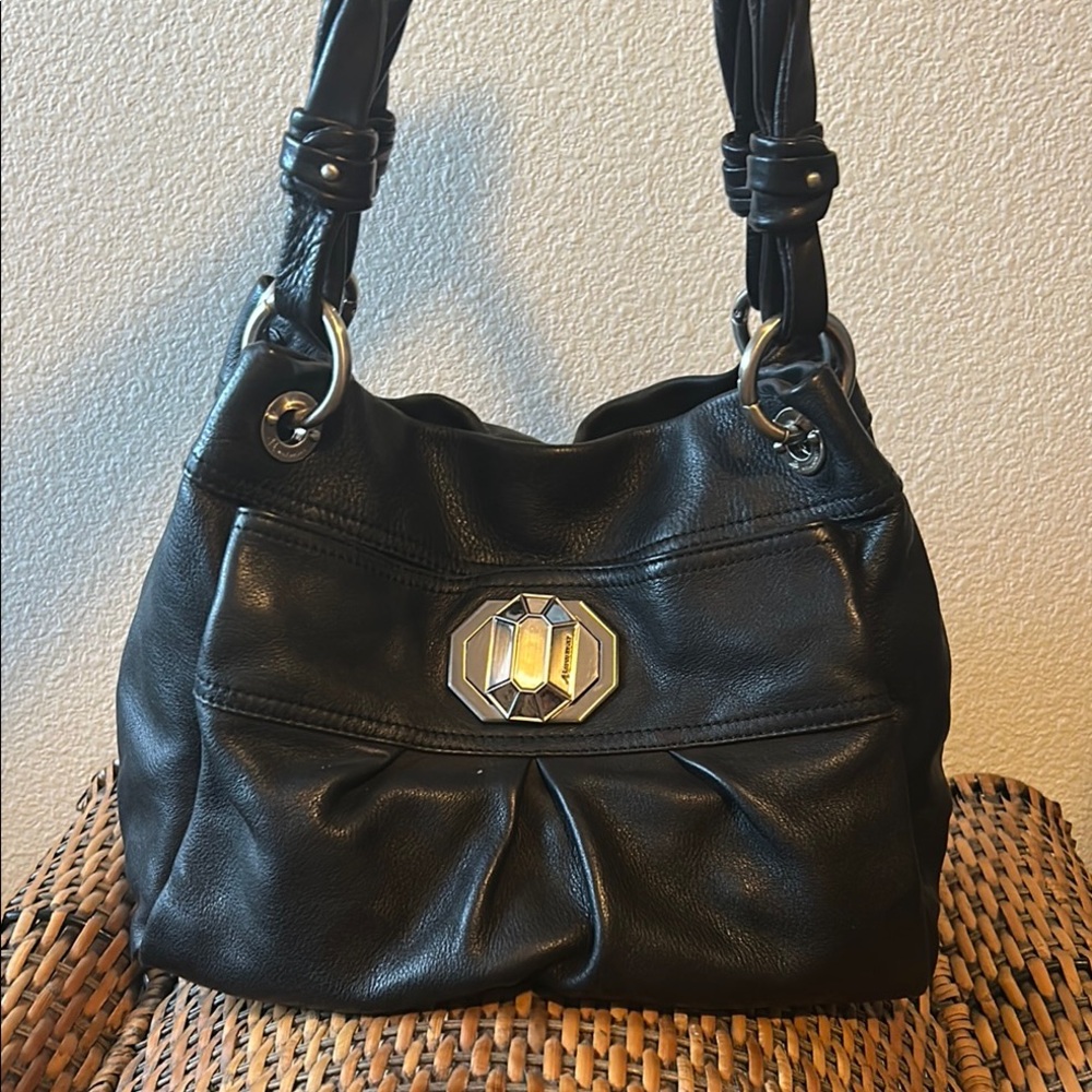 B.Makowsky Black Slouchy Shoulder Bag with Silver Hardware.